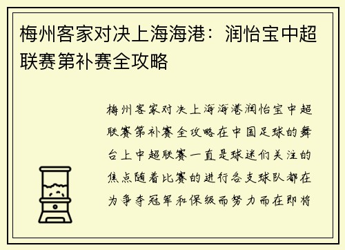 梅州客家对决上海海港：润怡宝中超联赛第补赛全攻略