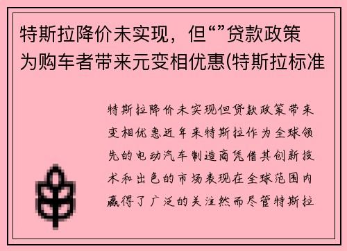 特斯拉降价未实现，但“”贷款政策为购车者带来元变相优惠(特斯拉标准贷款优惠费率)