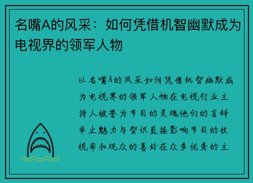 名嘴A的风采：如何凭借机智幽默成为电视界的领军人物