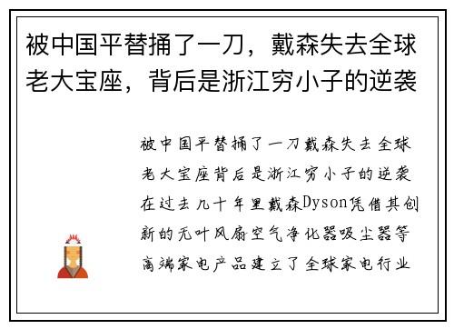 被中国平替捅了一刀，戴森失去全球老大宝座，背后是浙江穷小子的逆袭