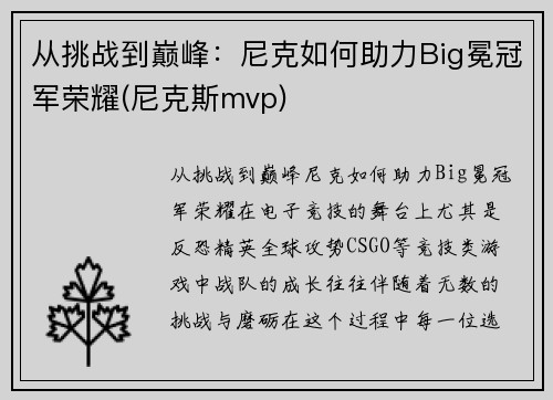 从挑战到巅峰：尼克如何助力Big冕冠军荣耀(尼克斯mvp)