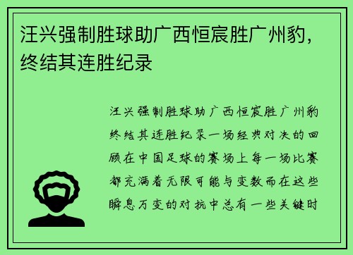 汪兴强制胜球助广西恒宸胜广州豹，终结其连胜纪录